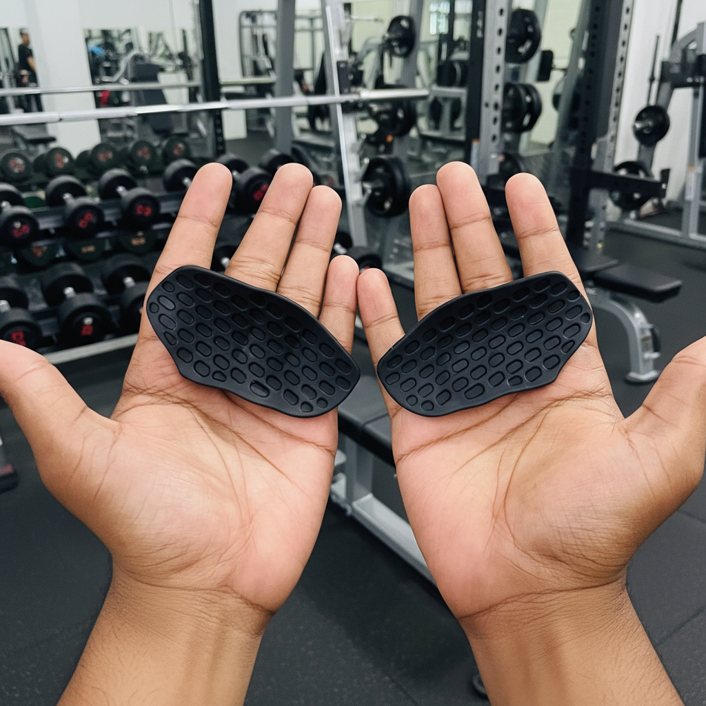 Gym hand grips usage demonstration with gym background